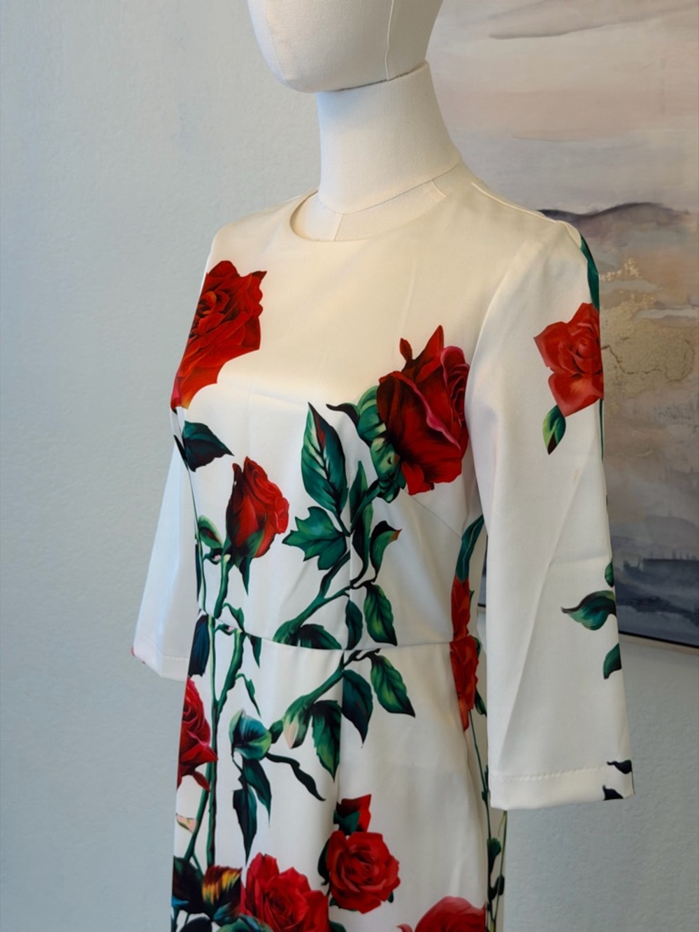 White Sheath Dress Red Rose Print Elegant Floral Midi - Designer Inspired - Picture 2 of 16